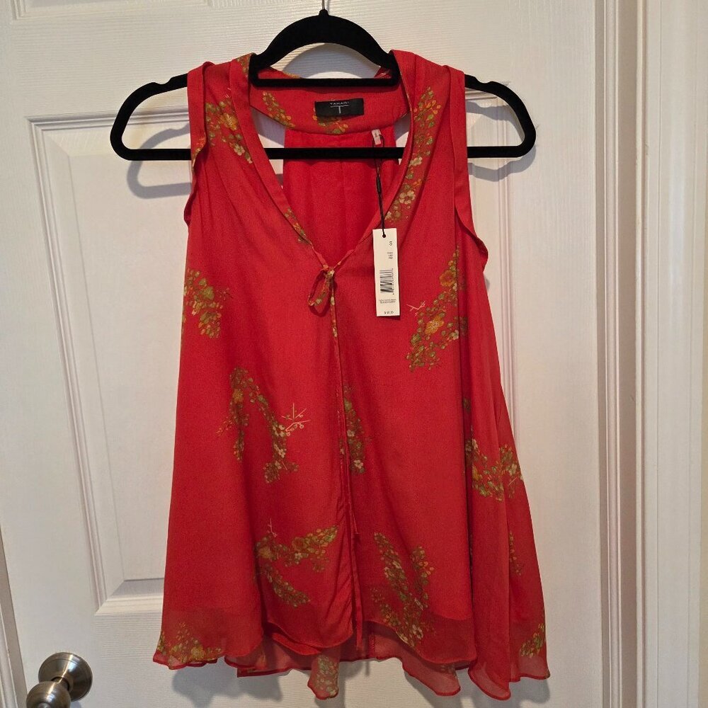 Tahari Red Orange Floral Chiffon Sleeveless Blouse Womens Small NWT